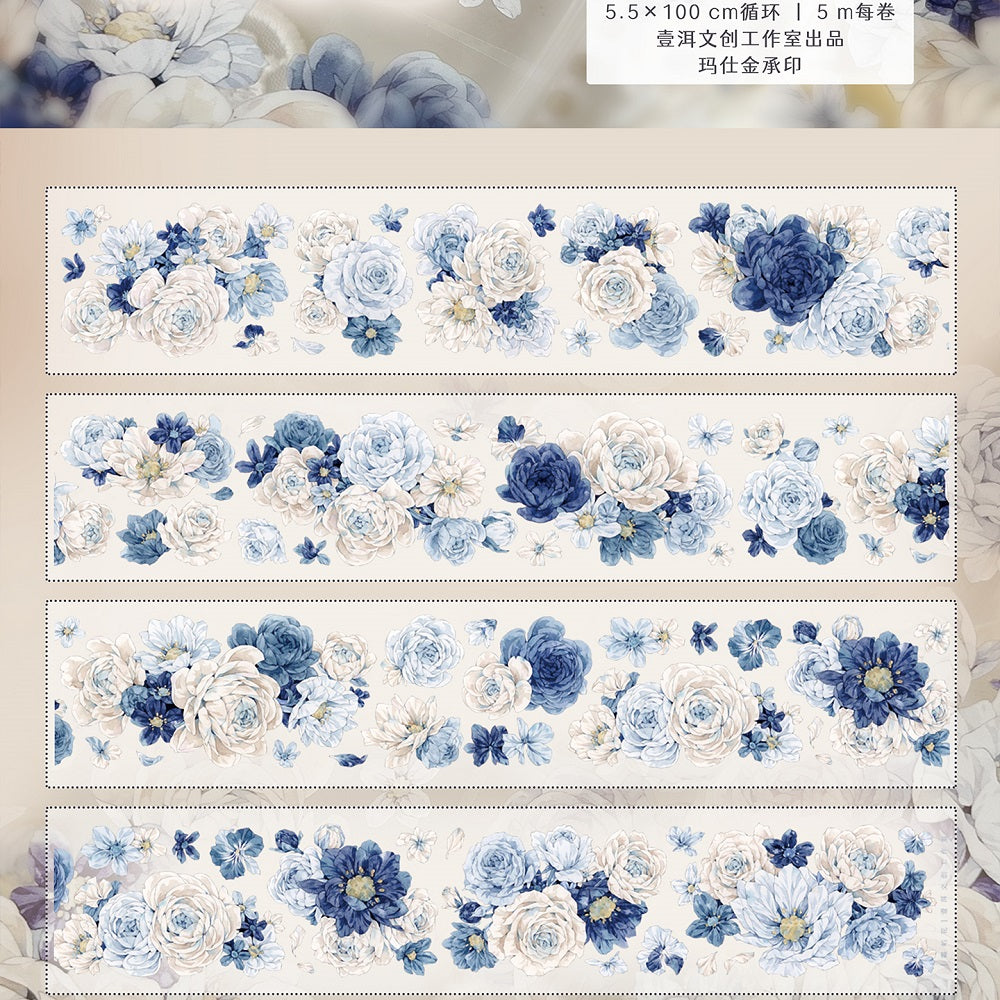 Blue peony rose vintage big flower PET and Washi tape