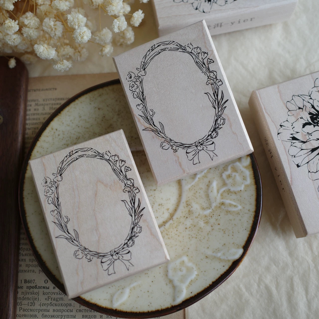 Lanling Flower Frame | Peony Light Retro Floral Wooden Notebook Rubber Stamp