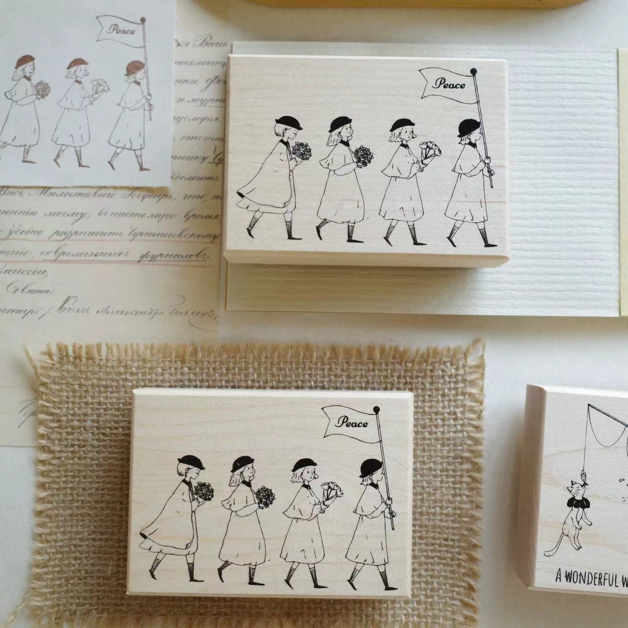 Retro cute character wood rubber stamp