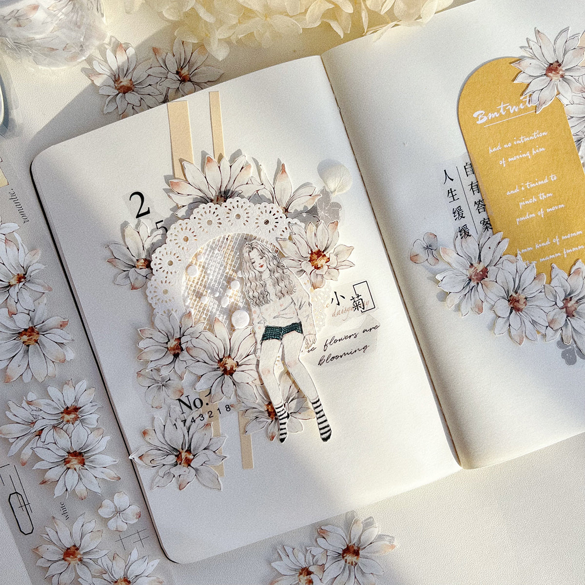 White small chrysanthemum retro small flower PET and Washi tape