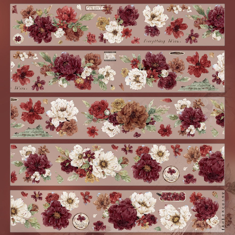 Vermilion Deep Red Vintage Big Flower PET and Washi tape