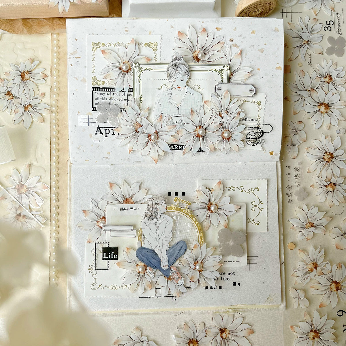 White small chrysanthemum retro small flower PET and Washi tape