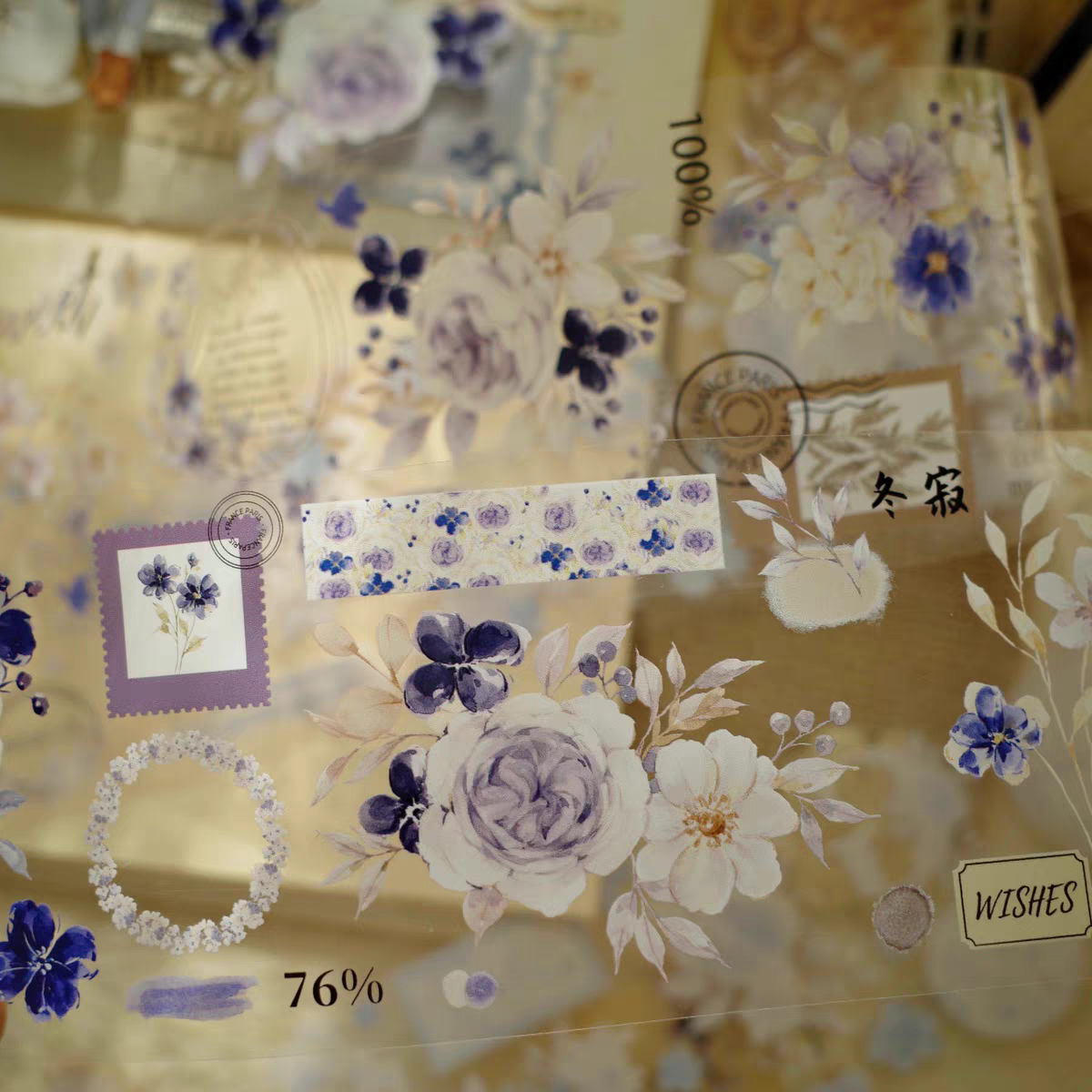 Winter Silence Light Retro Blue Flower PET Washi Tape