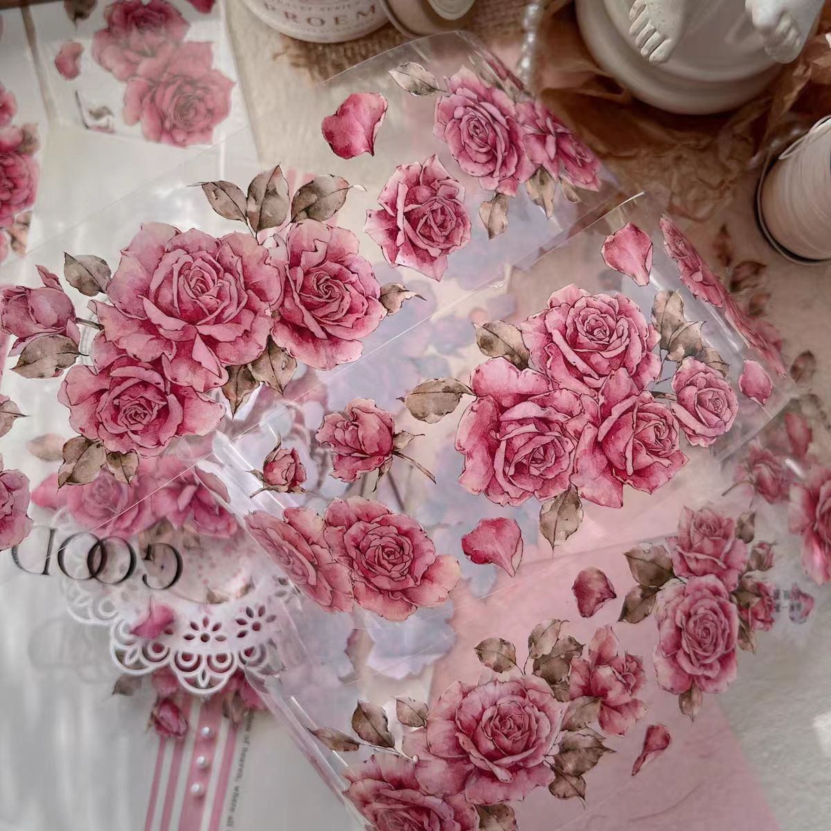 Pink retro pink large flower PET washi tape