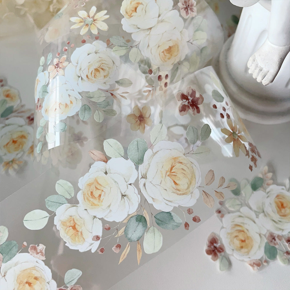 Spring Has Not Come Back Gentle Retro Light White Large Flower PET Washi Tape