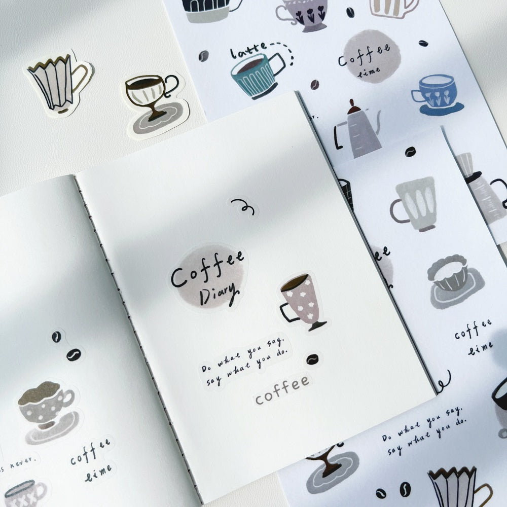 Various coffee cups and small house cut die stickers and paper stickers