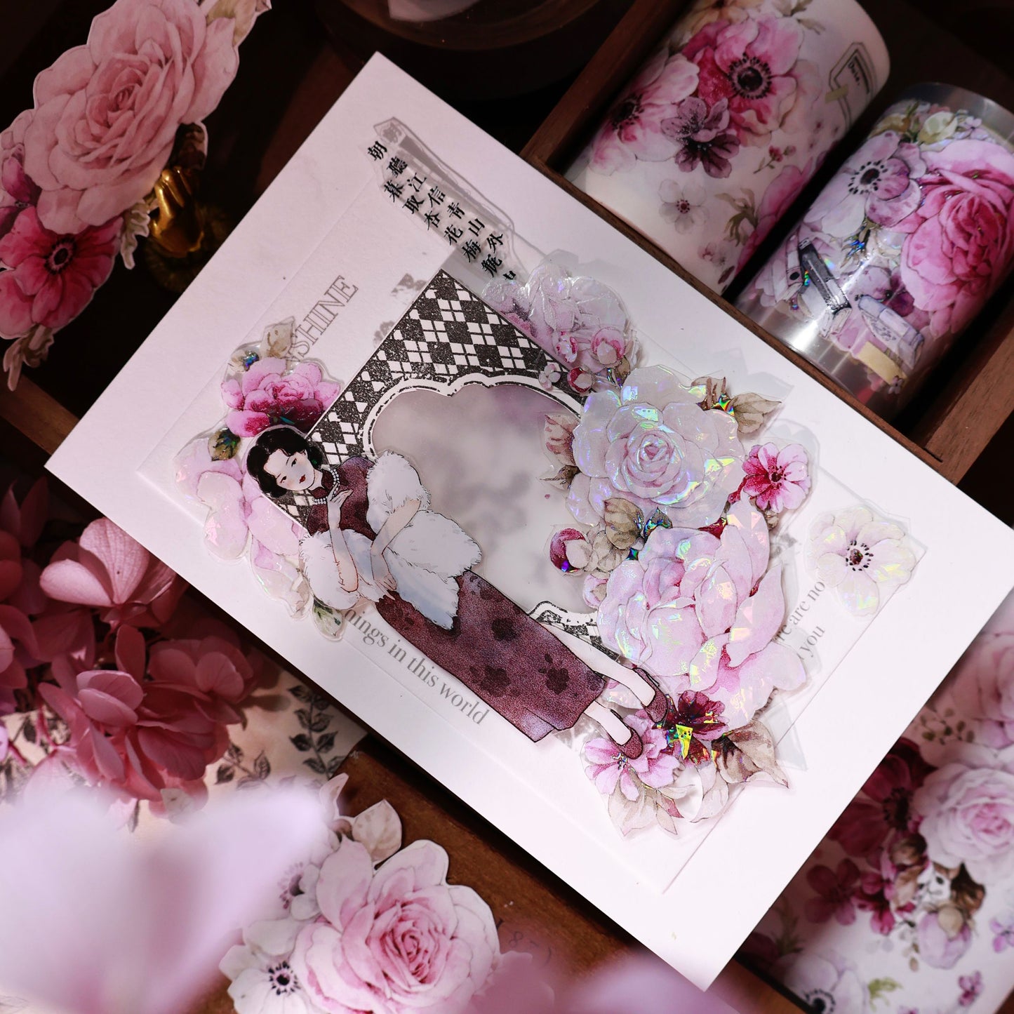 Purple mist yarn vintage flower PET and Washi tape