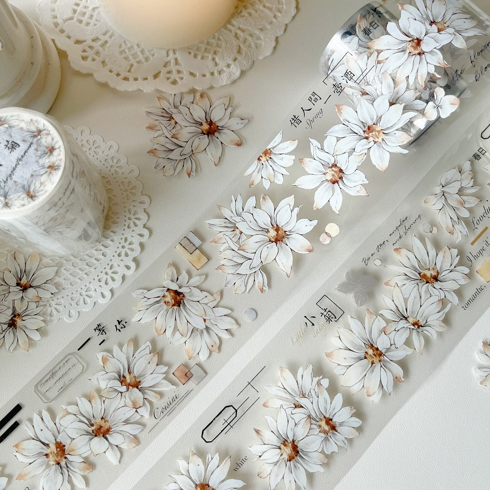 White small chrysanthemum retro small flower PET and Washi tape