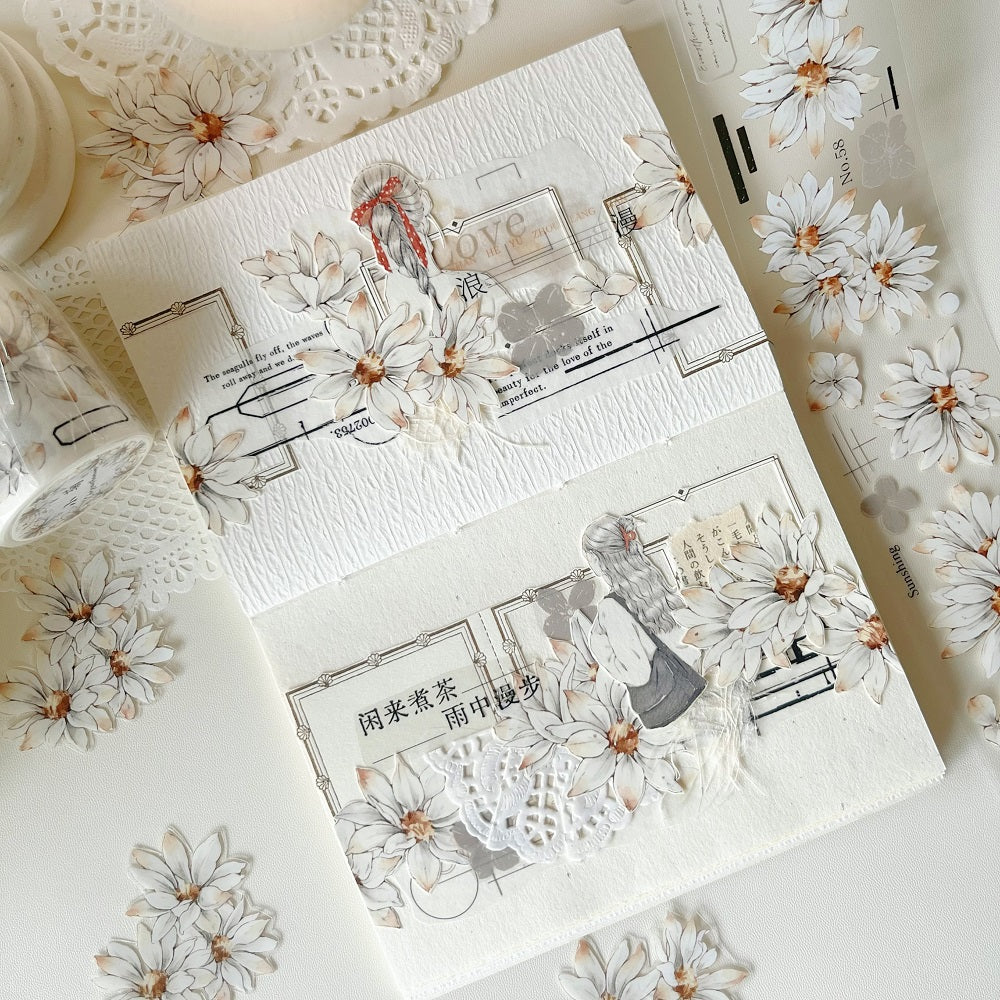White small chrysanthemum retro small flower PET and Washi tape