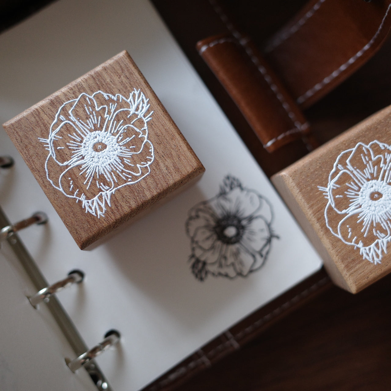 Anemone Flower Light Retro Floral Wooden Notebook Rubber Stamp