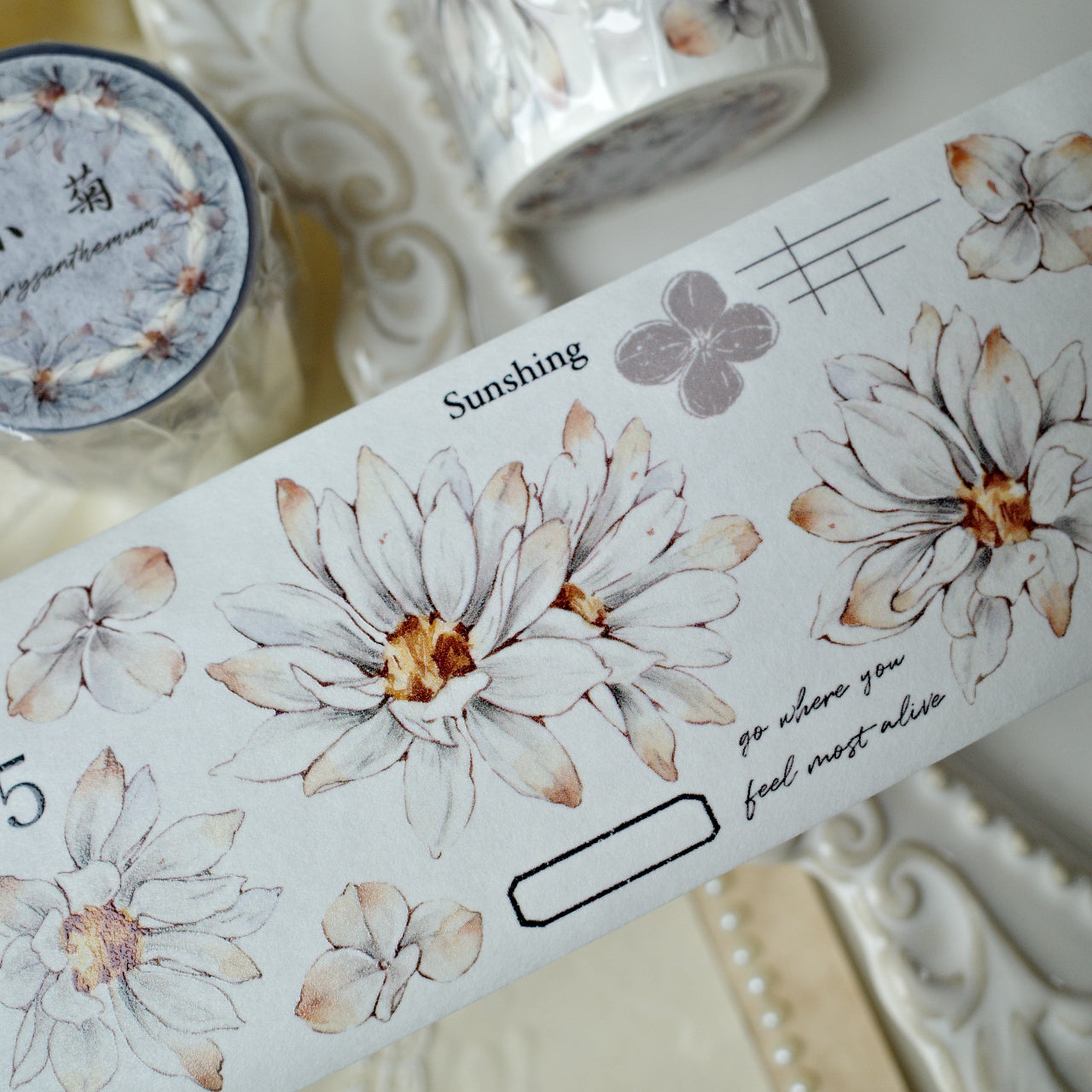White small chrysanthemum retro small flower PET and Washi tape