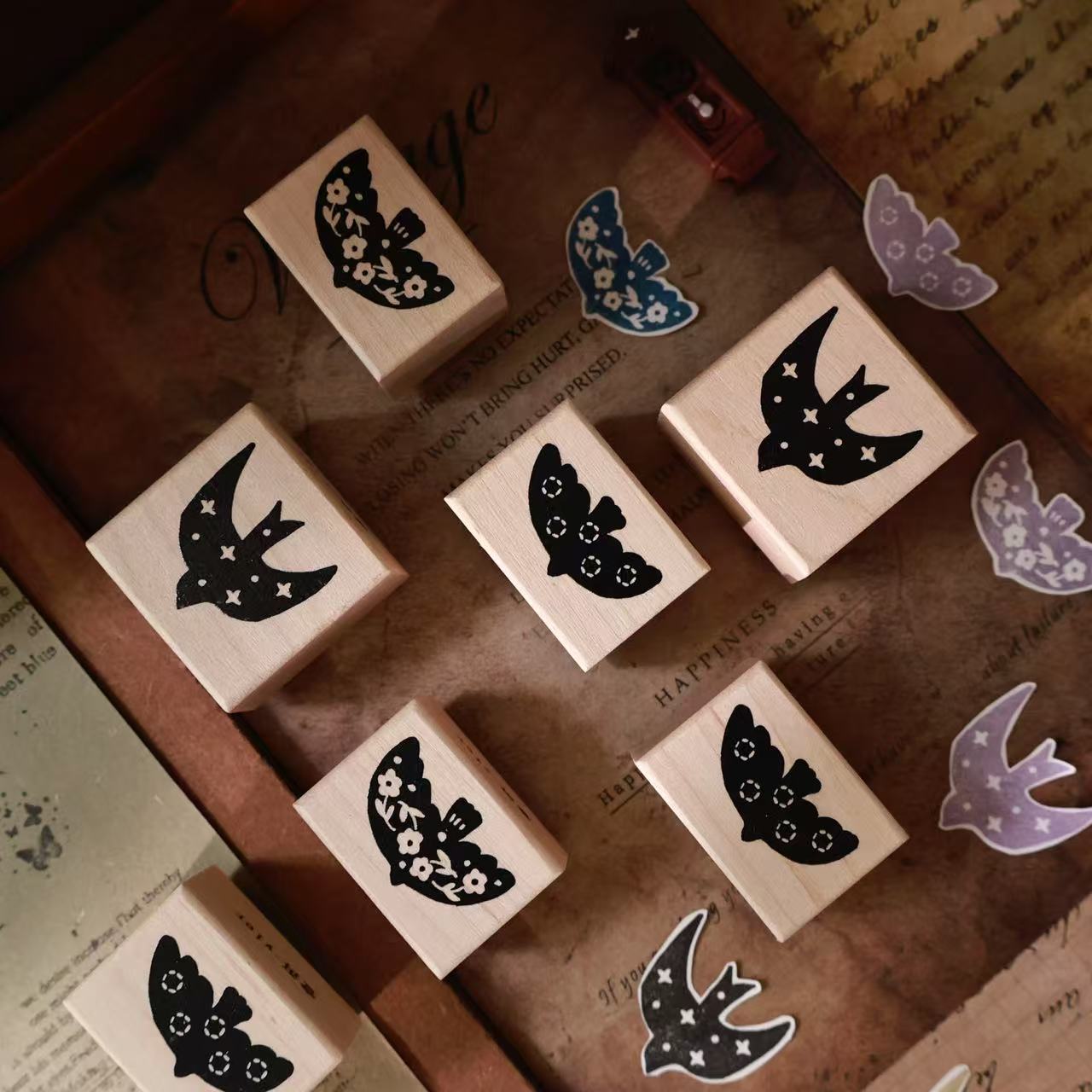 Maple upgraded  Flying birds Stamp base Retro Wooden Notebook Rubber Stamp