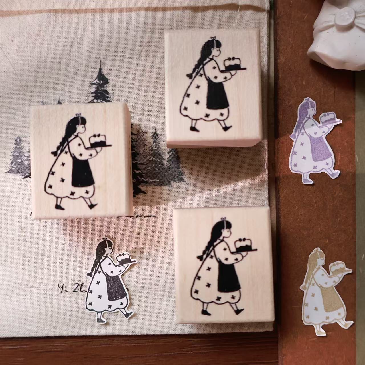 Maple upgraded  Bread Girls Stamp base Retro Wooden Notebook Rubber Stamp