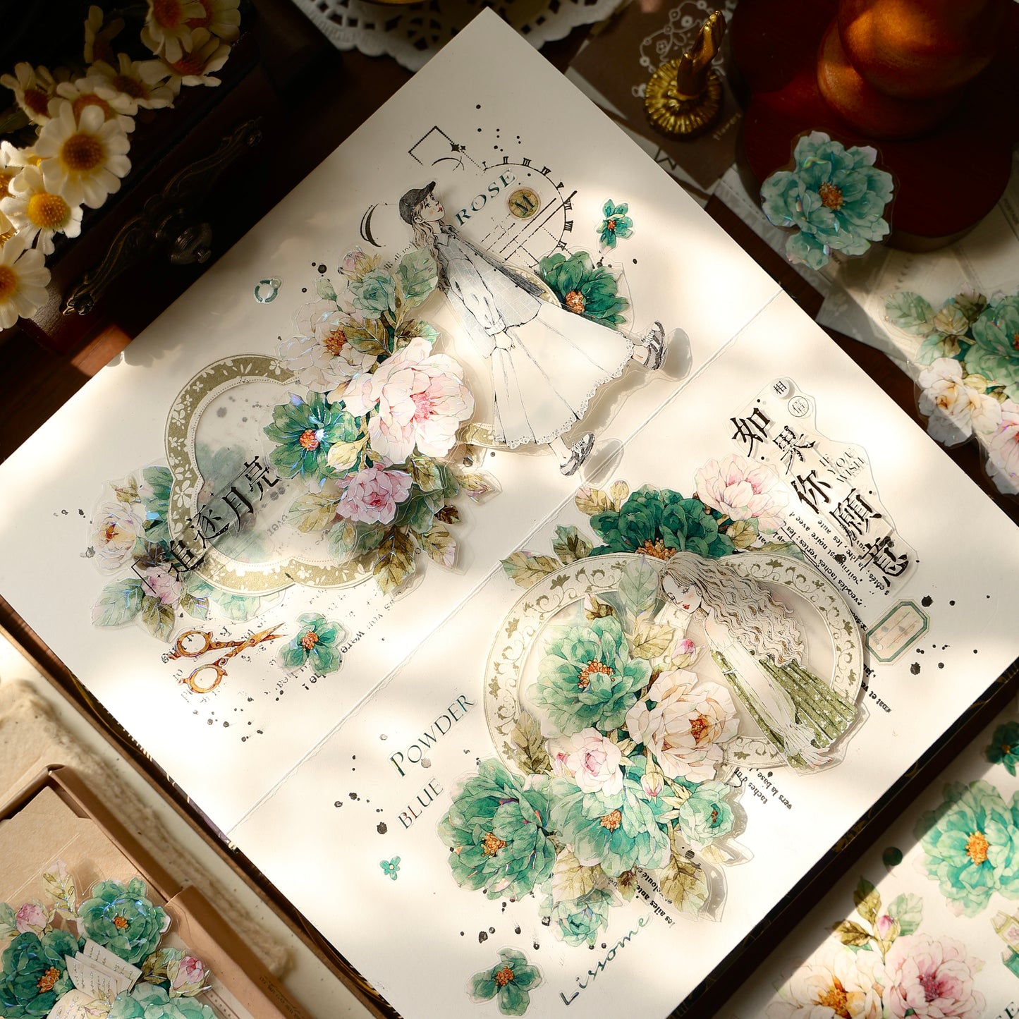 Fantasy Blue and Fantasy Green vintage flower PET and Washi tape