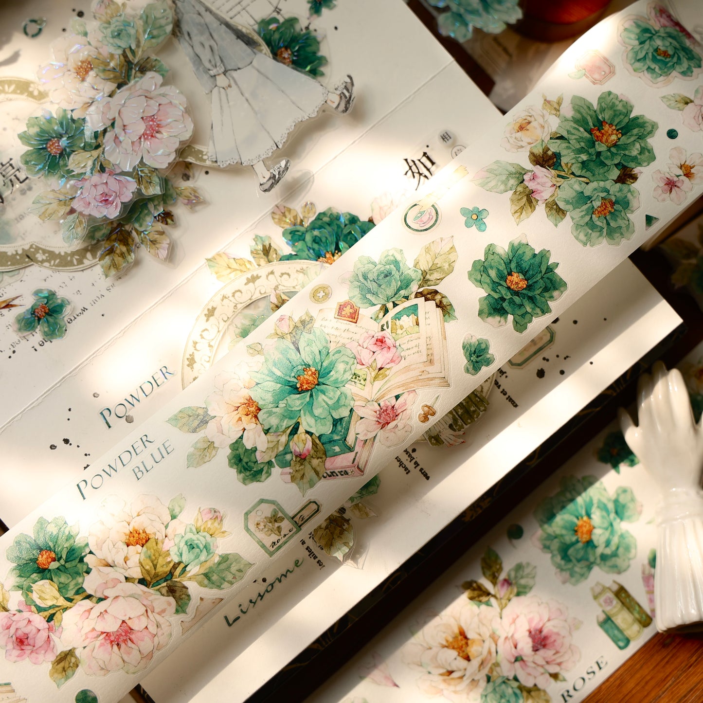 Fantasy Blue and Fantasy Green vintage flower PET and Washi tape