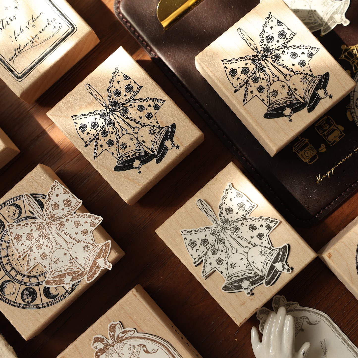 Maple upgraded Bell and compass Stamp base Retro Wooden Notebook Rubber Stamp