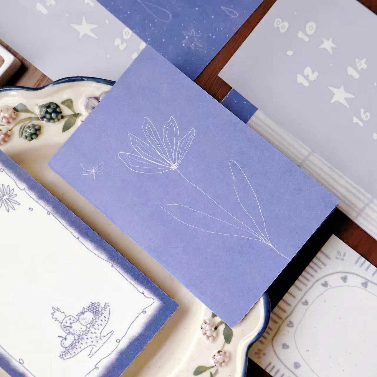 Blue mark and Plain flower flying butterfly theme light retro M5 series double-sided printing for dual-use sticky notes