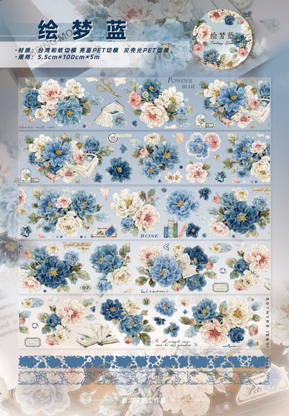 Fantasy Blue and Fantasy Green vintage flower PET and Washi tape
