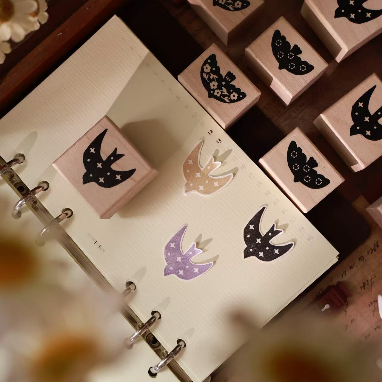 Maple upgraded  Flying birds Stamp base Retro Wooden Notebook Rubber Stamp