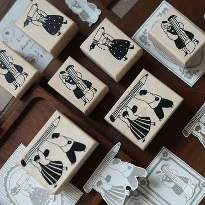 Maple upgraded Stationery Little Figures Stamp base Retro Wooden Notebook Rubber Stamp