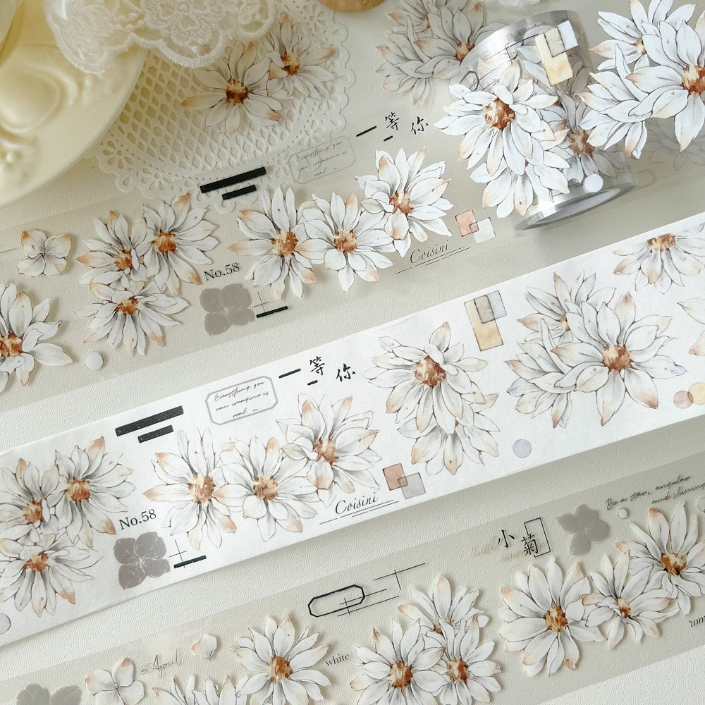 White small chrysanthemum retro small flower PET and Washi tape