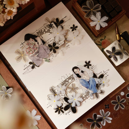 Black and white flowers vintage flower PET and Washi tape