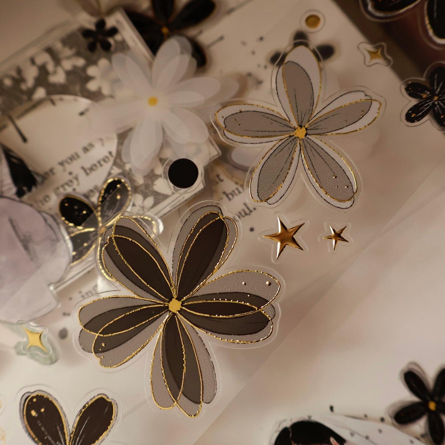 Black and white flowers vintage flower PET and Washi tape