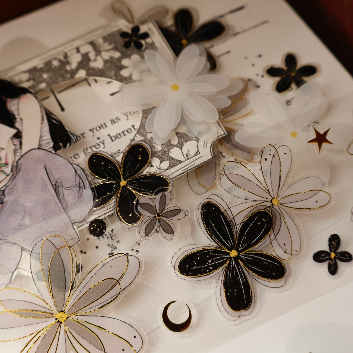 Black and white flowers vintage flower PET and Washi tape