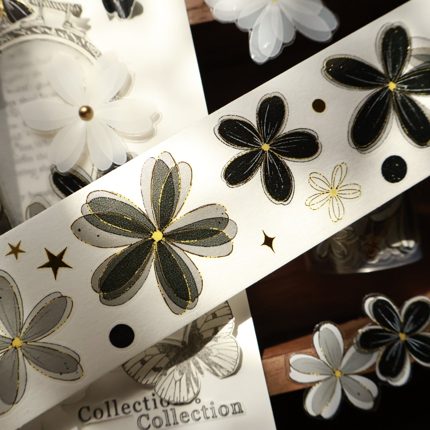 Black and white flowers vintage flower PET and Washi tape