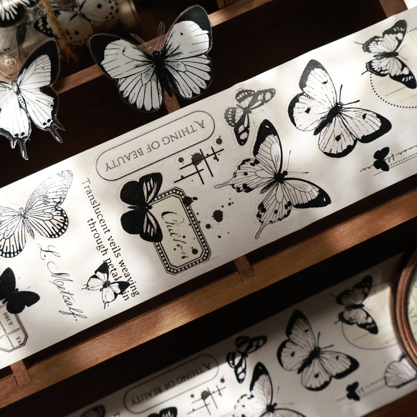 Butterfly habitat vintage black and white butterfly journal PET and Washi tape