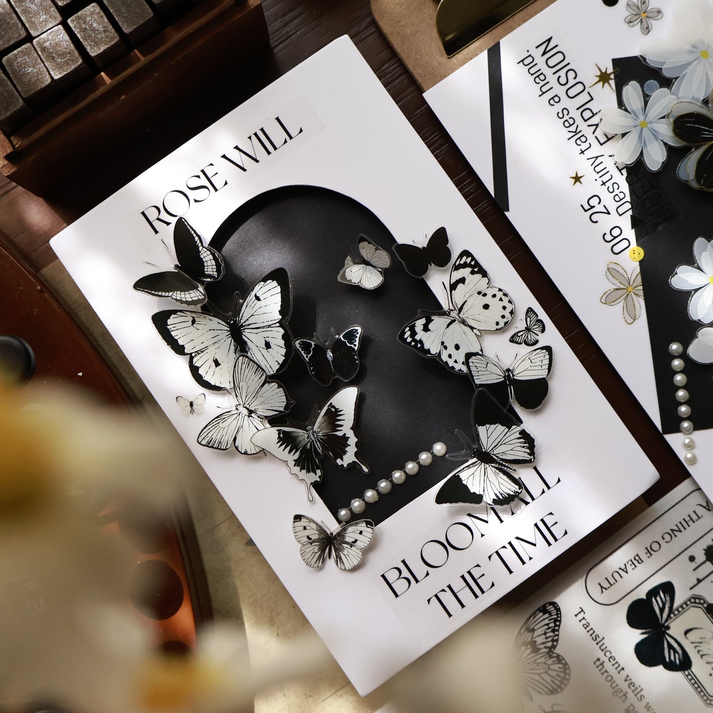 Butterfly habitat vintage black and white butterfly journal PET and Washi tape