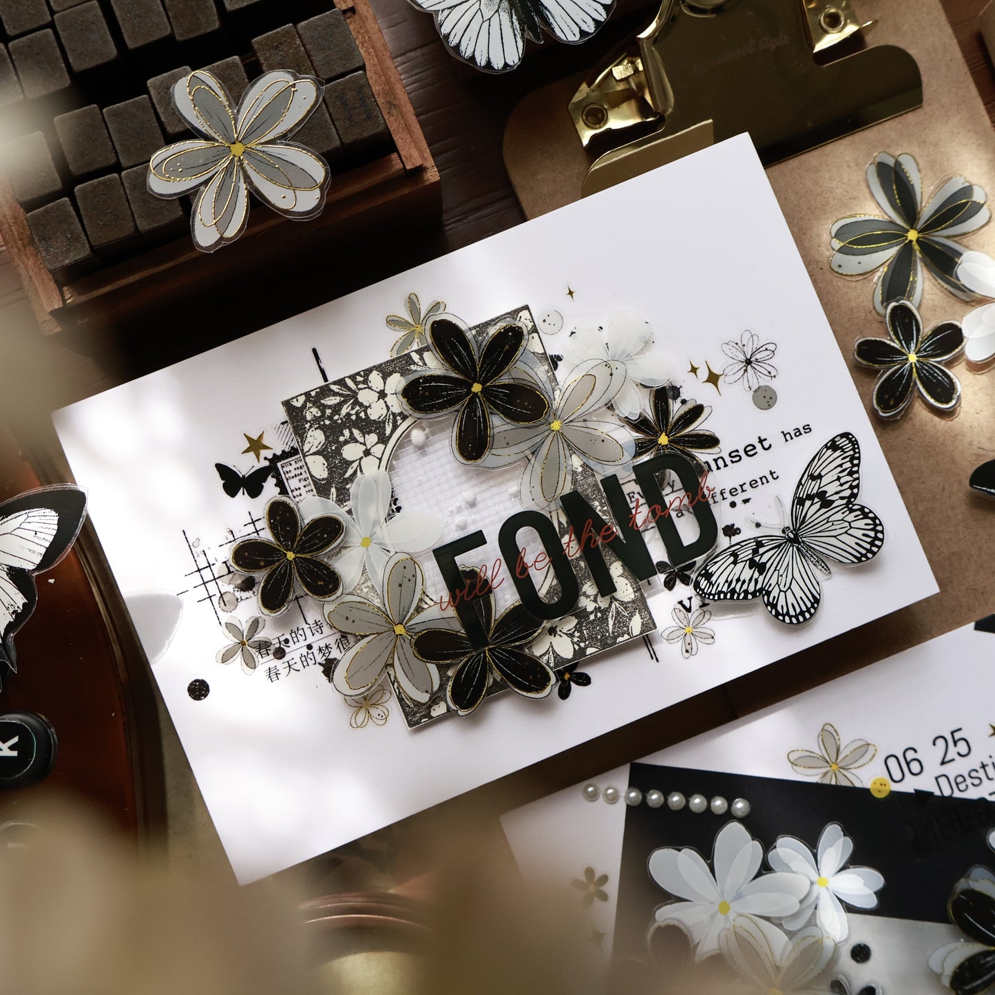 Black and white flowers vintage flower PET and Washi tape