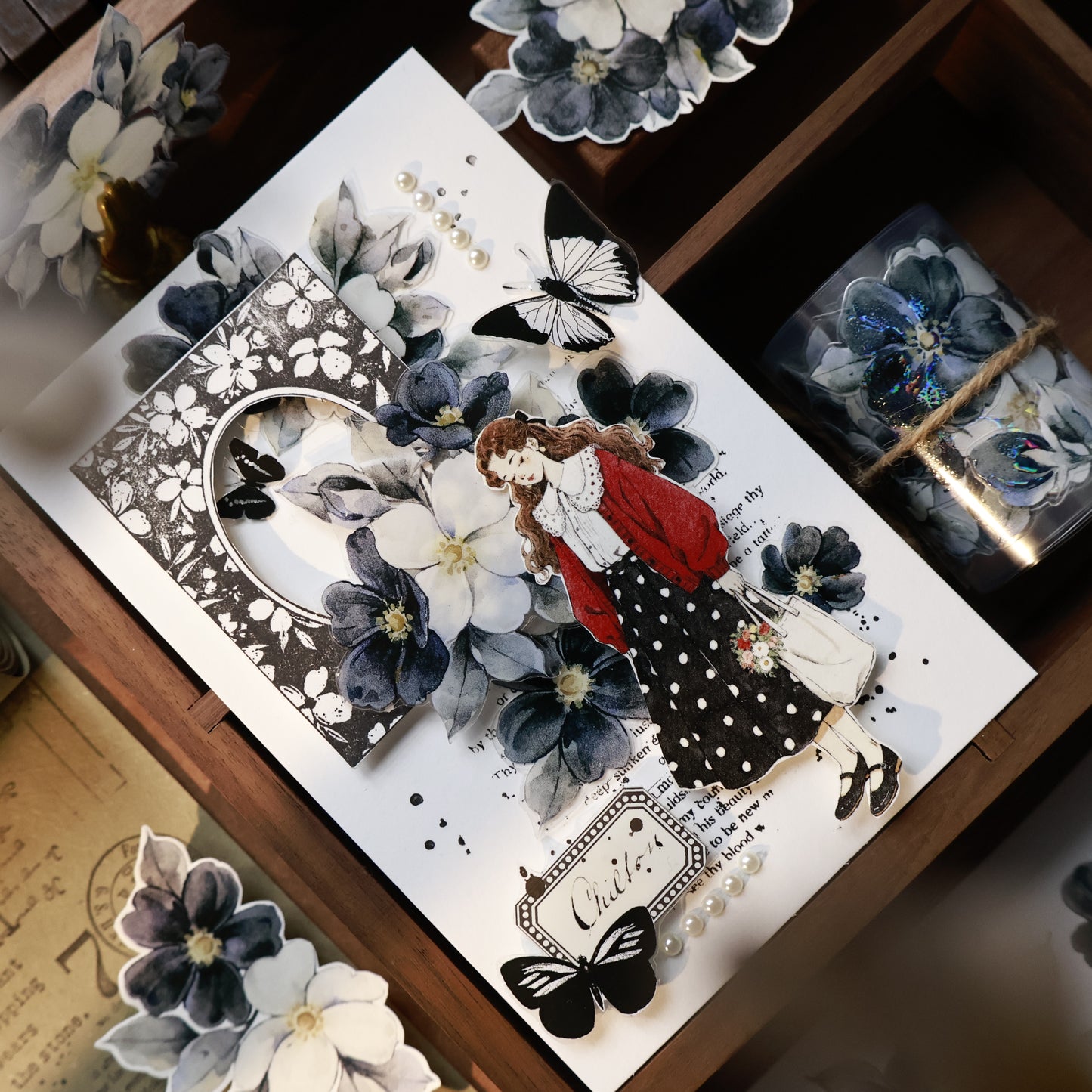 Black and white narrative vintage flower PET and Washi tape